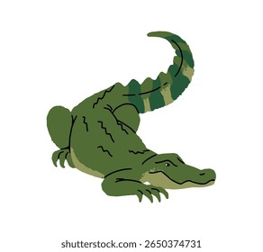 Nile crocodile. Green alligator. Dangerous amphibian animal. Reptile of swamp relaxes. Exotic reptilian of tropical forest, fauna of jungle. Flat hand drawn isolated vector illustration on white