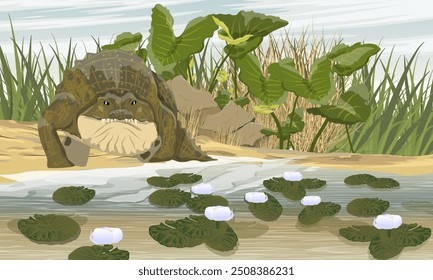 Nile crocodile walks to pond with water plants. Realistic vector landscape