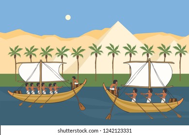 Nile river of Ancient Egypt with sailboats, vector  cartoon illustration of sailing history