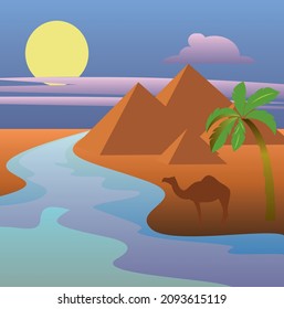 Nile River, Egyptian Pyramids, Camel, Palm. Vector Illustration