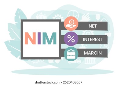 NIM - Margen de Interés Neto acrónimo. fondo de concepto de negocio. Ilustración vectorial para el Anuncio de Sitio web, materiales de marketing, presentación de negocios, publicidad en línea