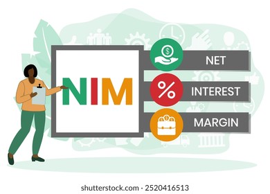 NIM - Margen de Interés Neto acrónimo. fondo de concepto de negocio. Ilustración vectorial para el Anuncio de Sitio web, materiales de marketing, presentación de negocios, publicidad en línea