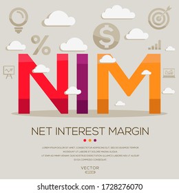 NIM (Net Interest Margin), letters and icons. Vector illustration. 