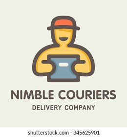 Nimble couriers logotype with the man and package icon in a line modern style. Ready for use logotype for delivery company. Vector illustration and icon. 