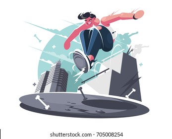 Nimble guy street racer. City sports parkour for young people. Vector illustration