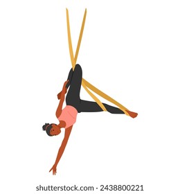 Personaje De Mujer Ágil Equilibra Con Elegancia En Una Hamaca De Yoga Aéreo, Su Cuerpo Curvado En Una Serena Posada De Inversión Suspendida, Comprometido Con La Tranquilidad Y El Equilibrio. Ilustración vectorial de personas de dibujos animados