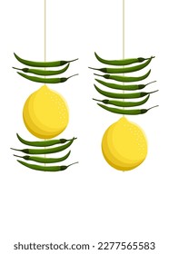 Nimbu mirchi (hanging lemon and chillies), it is an Indian symbol used in household  for protects the person from evil eyes