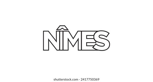 Nimes in the France emblem for print and web. Design features geometric style, vector illustration with bold typography in modern font. Graphic slogan lettering isolated on white background.