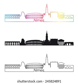 Nimes skyline linear style with rainbow in editable vector file