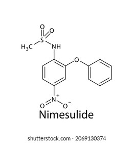Nimesulide molecular structure, flat skeletal chemical formula. NSAID drug used to treat osteoarthritis, pain, dysmenorrhea. Vector Illustration.
