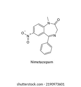 Nimetazepam Molecule Flat Skeletal Structure, Benzodiazepine Class Drug Used As Anxiolytic, Anticonvulsant, Sedative, Hypnotic Agent. Vector Illustration On White Background.