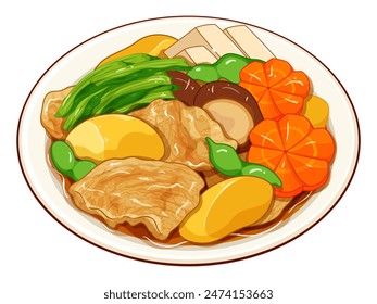 Nimono Vector japonés de ilustración de alimentos. Receta japonesa de nimono. Estofado de nimono con cerdo. Japoneses cocinaron a fuego lento verduras y menú de cerdo. Sopa de cerdo asiática con papas, champiñones, guisantes verdes y zanahorias.