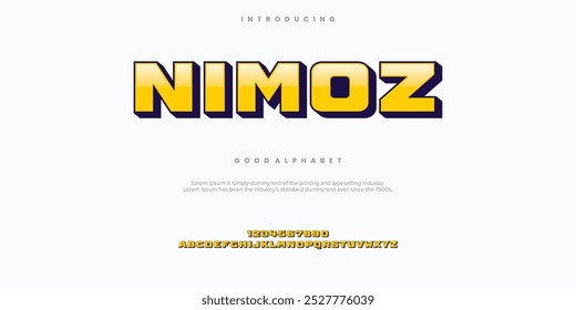 Conjunto de letras y números de alfabeto juguetón moderno de Nimoz. fuente o tipografía funky. Vector fuente en negrita para el cartel, volante, cubierta del libro, tarjeta de felicitación, empaquetado del producto, impresión gráfica, etc.