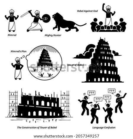 Nimrod and Tower of Babel bible biblical story. Vector illustrations depict King Nimrod as a mighty hunter, and rebel against God by building the Tower of Babel. 