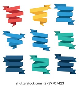 Nine 3D ribbon banners in various colors and shades arranged in three rows on a white background.