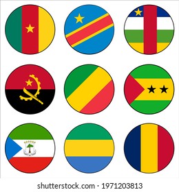 Nine (9) Central African Country Flag Circle Vector Icon Set.