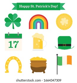 Nine (9) icons representing Saint Patrick's Day in America. Icons include green clover, rainbow, coin, calendar, beer, hat, horseshoe, pot of gold, and flag. Perfect for marketing, website, banner.