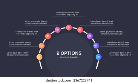 Nueve 9 Pasos Opciones Circle Business Infografía Plantilla de diseño moderno