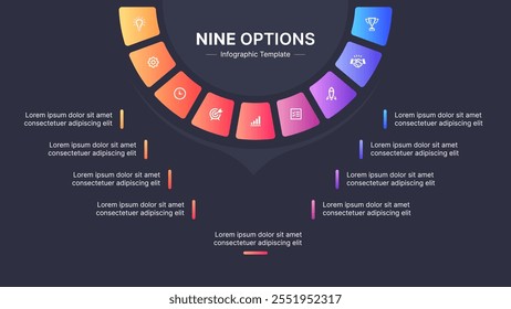 Nueve 9 Pasos Opciones Círculo de Negocios Infografía Diseño Moderno Plantilla