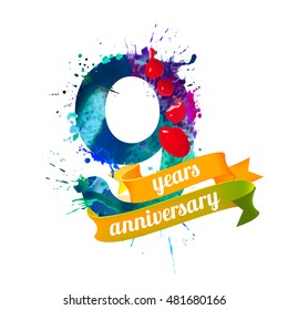 nine (9) years anniversary. Vector watercolor splash paint