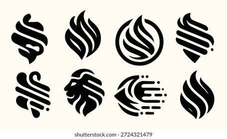 Neun abstrakte schwarz-weiße Flamme Löwe Kopf Logo Designs Feuer