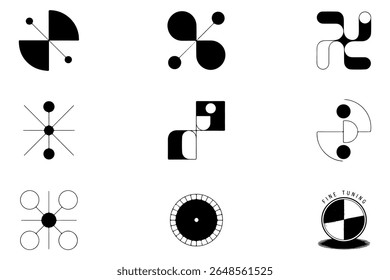 Nine Abstract Black and White Geometric Designs Set Minimalist Style Circular and Square Shapes Symbols