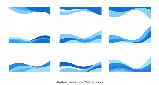 Nine abstract blue wave shapes with varying curves and shades of blue on a white background.