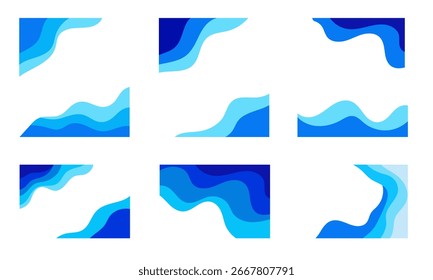 Nine abstract compositions featuring layered blue wave shapes on a white background.