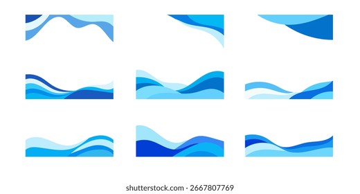 Nueve Elementos gráficos abstractos con Formas onduladas azules en capas sobre un fondo blanco.