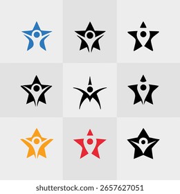 Neun abstrakte Logos mit stilisierten menschlichen Figuren innerhalb von Sternen in Blau, Schwarz, Orange und Rot, einige mit Pin-Elementen.