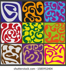 Nine abstract ornaments of different colors from smooth curved lines.
