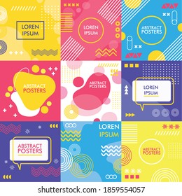 nine abstract posters with memphis banners vector illustration design