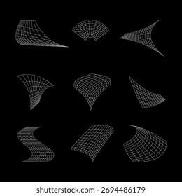 Nove superfícies abstratas de wireframe e formas geométricas curvas brancas exibidas, fundo preto, vetor