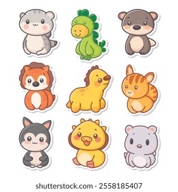 Nine adorable baby animals are stickers featuring a dinosaur.