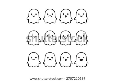 Nine adorable ghost figures showcasing different moods and facial expressions in a simple style.