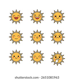 Nove adoráveis emojis de sol vetorial com várias expressões como sorridente, piscando e triste, apresentando raios amarelos e centros laranja com contornos pretos. Ótimo para temas alegres e ensolarados.