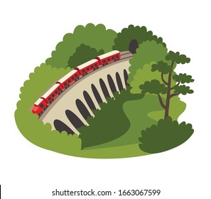 Nine arch bridge Sri Lanka landmark vector illustration. Red train rides on stone bridge. Asian rainforest landscape. Isolated drawing icon on white background 