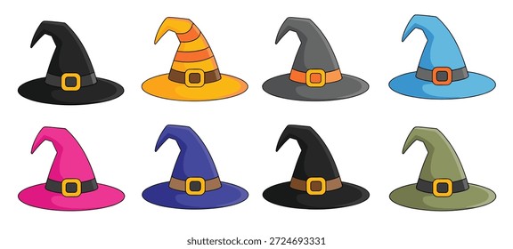 nove chapéus de bruxa variados coloridos para magia de fantasia de halloween
