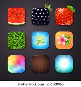 Nine Attractive Square Buttons with Different Designs on Gray Background, Emphasizing Watermelon, Blackberry, Strawberry, Green Leaves, Hello Spring, Flower and Abstract Designs.