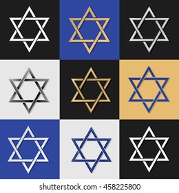 Nine Authentic David Star Hexagram Icons Collection - White Blue Gold and Grey Symbol in Flat Relief Outline Glossy and Shadows Styles on Colored Background - Mixed Graphic