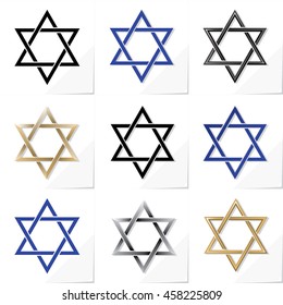 Nine Authentic David Star Hexagram Icons Collection - Black Blue Gold and Grey Symbol in Flat Relief Outline Glossy and Shadows Styles on White Natural Paper Effect Background - Mixed Graphic