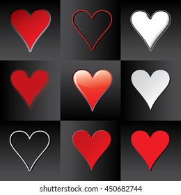 Nine Authentic Hearts Icons Collection - Red and White Heart Symbol in Flat Woodcut Relief Outline Glossy Paper Cut Shadows Styles on Black Background - Mixed Graphic