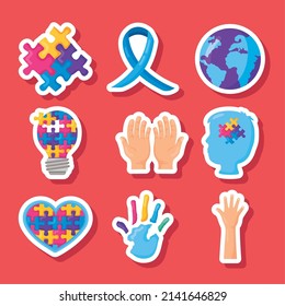 nine autism day set icons