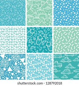 Nine baby boy blue seamless patterns backgrounds collection