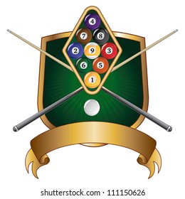 Nine Ball Emblem Design is an illustration of a nine ball pool or billiards design that includes racked nine ball, crossed pool or cue sticks, banner and shield.