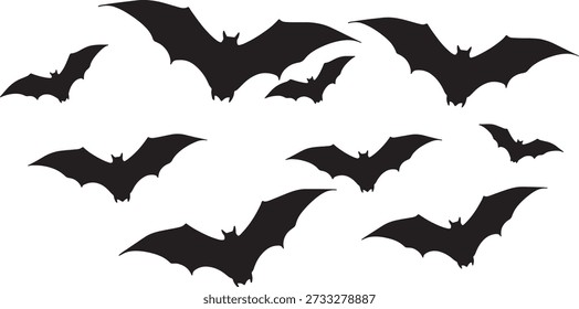 Nine bats flying in different directions isolated on transparent background