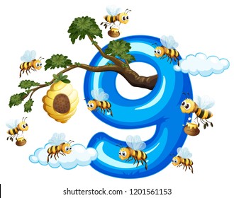Nine bee with number nine illustration