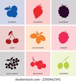 Nine berries in each of their colors. Blueberries, strawberry, blackberry, cherries, sea buckthorn, raspberry, black currant, red currant, gooseberries. 