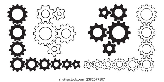 Nueve gráficos de borde grande y pequeño de engranajes negro horizontal