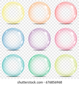 Nine big transparent glasses sphere with a rainbow colors, yellow, orange, red, red-violet, violet, blue, blue-green, green, yellow-green, glares and shadow, on a plaid background.